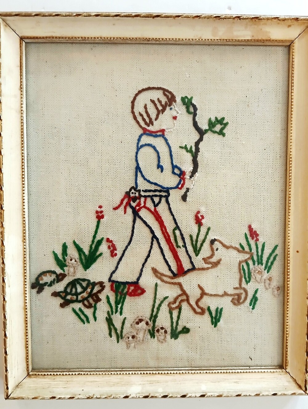 Vintage Framed Embroidered Boy Walking Dog Wall Art - Cream Linen